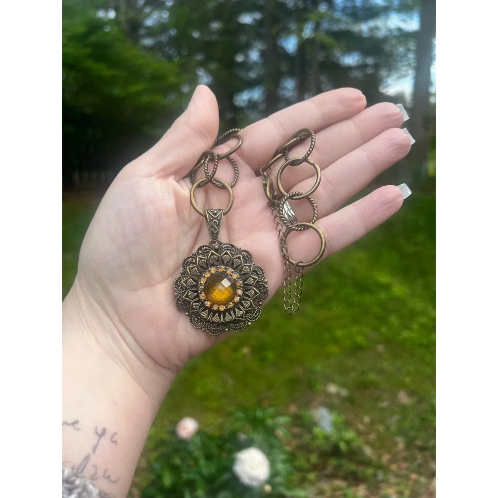 Art Deco Style Antique‎ Brass Amber Glass Filigree Medallion Necklace